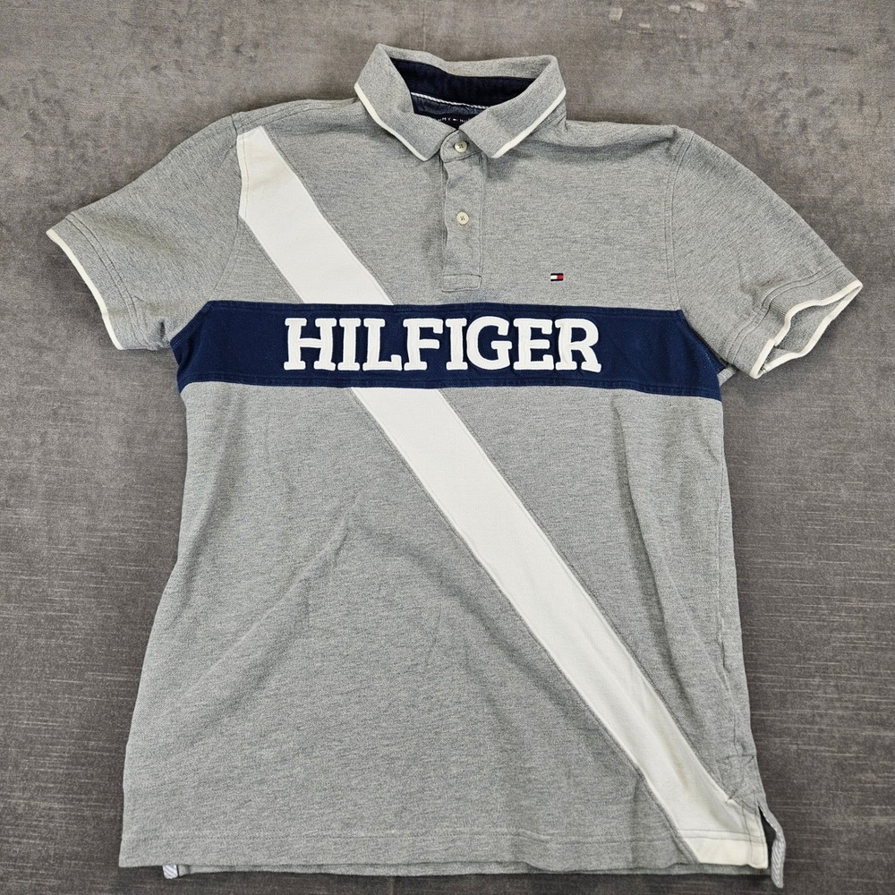 Tommy Hilfiger Y2K Mens Gray‎ Polo Shirt Large Spellout Logo Short Sleeve Med